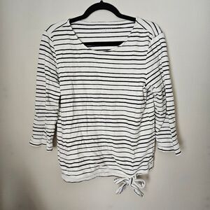 Talbots Top Crewneck Blouse Tie Front 3/4 Sleeve Striped White Black Texture